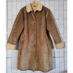 LANDS’ END Women’s Faux Suede Button Down Winter Coat Shearling Lining